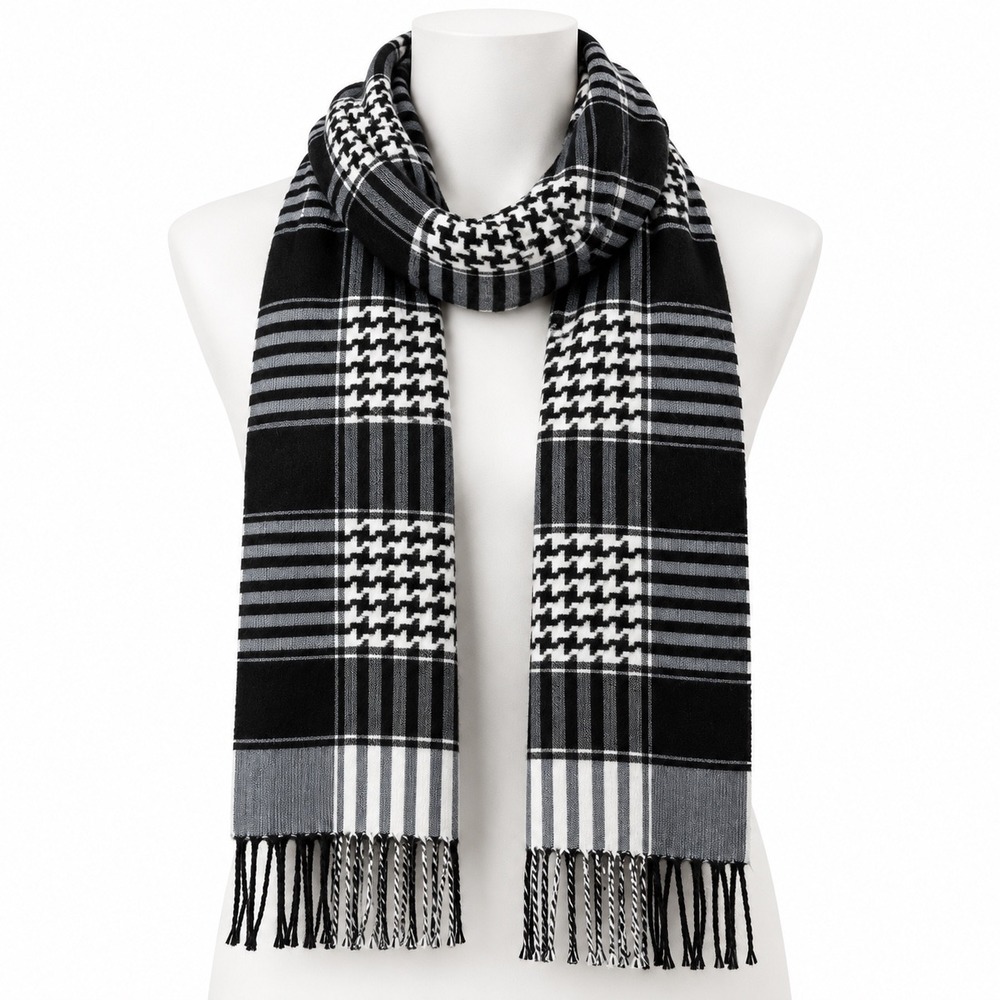 Unisex Scarf Black White Houndstooth Plaid Striped Keffiyah Style Dark Academia